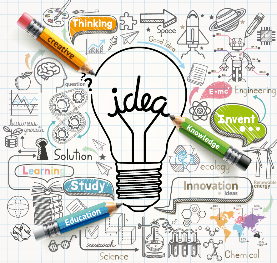 conjunto de dibujos donde resalta una bombilla con la palabra idea dentro